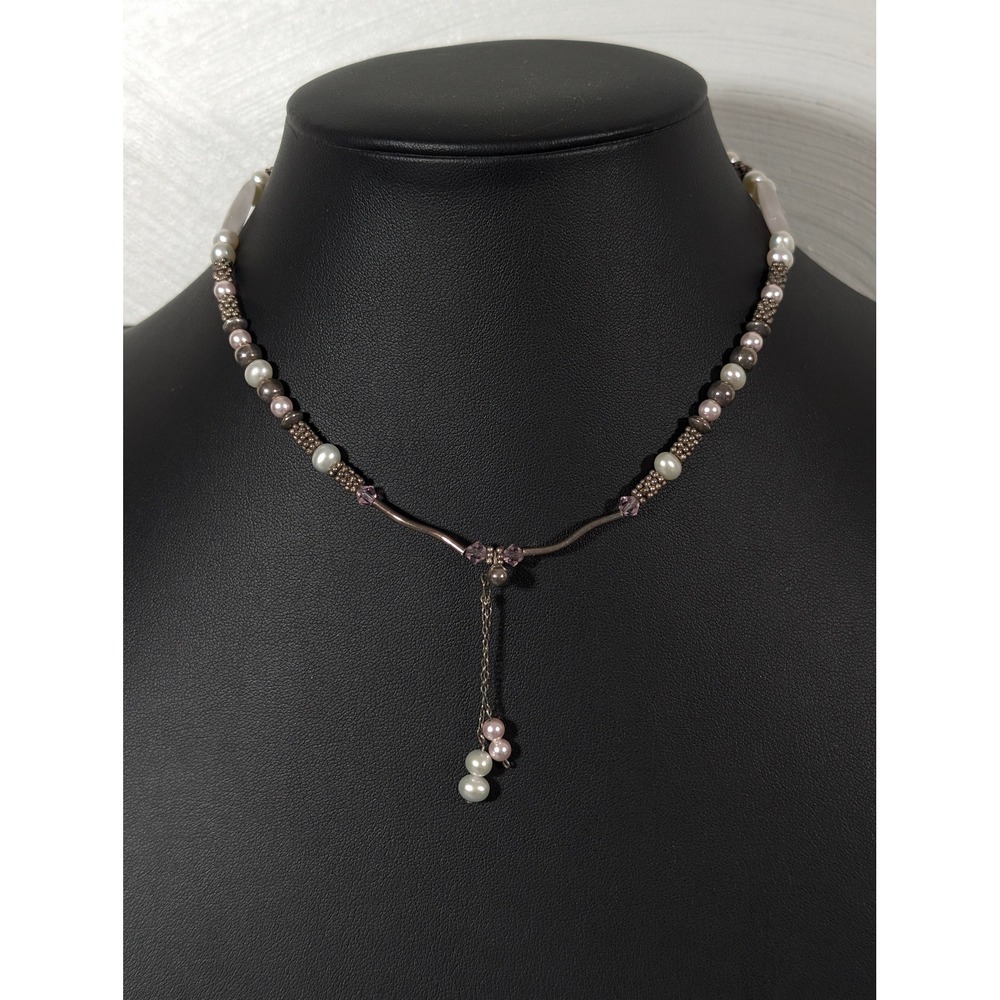 Artisan 925 Silver Pearl Pink Gray White Beaded Y Drop Choker Necklace 14 in